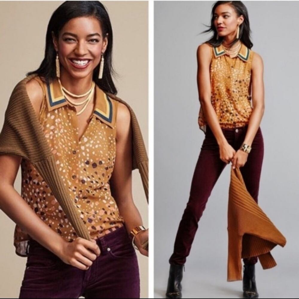 CAbi Cheers Confetti Sleeveless Mustard Blouse